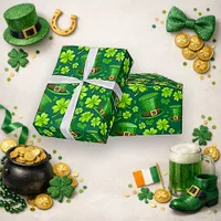 Vibrant Green Shamrock Leprechaun Pattern Art Wrapping Paper