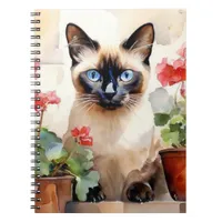 Siamese Cat Red Flowers Whimsical Cute Watercolor Notebook