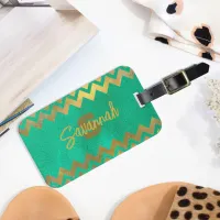 Modern Stylish Chic Green And Gold Chevron Luggage Tag