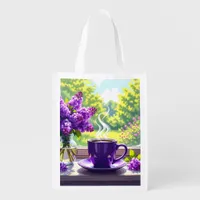 Pretty Purple Lilacs and Coffee  Grocery Bag