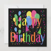 Confetti, Party Hats and Balloons Black Background Invitation