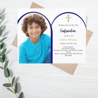 Navy blue photo arch boy Confirmation invitation