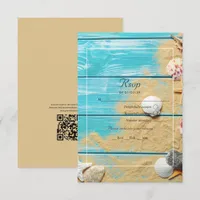 Rustic Turquoise QR Code RSVP Beach Wedding Card