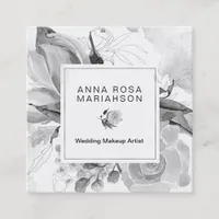 *~* Floral Watercolor Black White Gray Bouquet Square Business Card