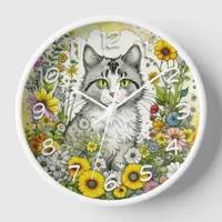 Gray Kitty Cat Sitting in Flowers  Clock