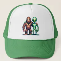 Extraterrestrial Alien Being and Bigfoot Pixel Art Trucker Hat