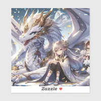 Anime Girl and White and Gold Dragon  Sticker