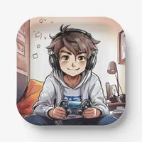 Anime Boy Playing Video Games Birthday Party Paper Plates