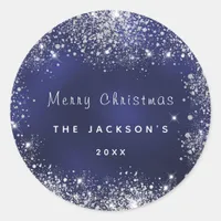 Christmas blue silver glitter classic round sticker