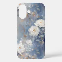 White Roses on Blue Background Oil Paint Style iPhone 16 Case