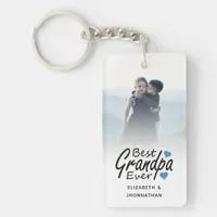 Best Grandpa Ever Script Name Blue Heart and Photo Keychain