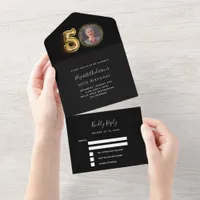 50th birthday black gold photo rsvp all in one invitation