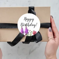 Happy Birthday with purple summer flowers Classic Round Sticker