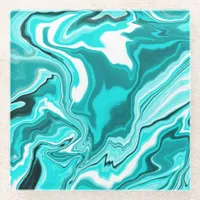 Teal, Turquoise and White Marble    Glass Coaster