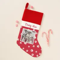 Cute Dog Name & Photo White Paw Prints Christmas Stocking