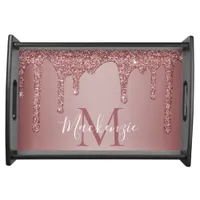 Elegant Rose Gold Dripping Glitter Monogram Serving Tray