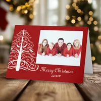 White Christmas Tree on Red Photo Christmas Card