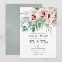 Bohemian Eucalyptus Pink Poppy Wedding Invitation