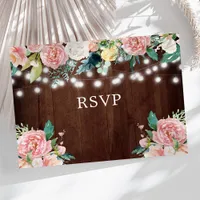 Rustic String Lights Blush Floral Wedding RSVP Postcard