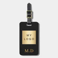 Black leather gold business company logo monogram luggage tag