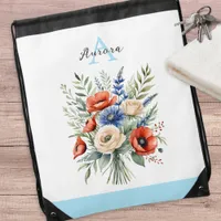 Rustic Summer Flowers Poppy Cornflower Monogrammed Drawstring Bag