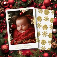 Gold Foil Snowflakes and Family Photo Personalized Foil Holiday Card