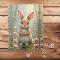 Cute little bunny surrounded by flowers, kids   jigsaw puzzle