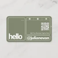 Sage Green Typography Scannable QR Code Hello Business Card