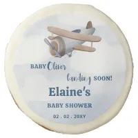 Landing Soon Blue Boy Airplane Baby Shower Sugar Cookie