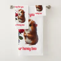 Cute Guinea Pigs in Love Exchange a Red Rose Bath Towel Set