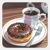 Chocolate Frosted Donut and Coffee  Square Sticker