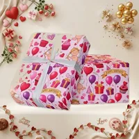 Whimsical Pink Cupid Birthday Balloon Pattern Wrapping Paper