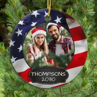 Patriotic USA American Flag Personalized 2 Photo Ceramic Ornament