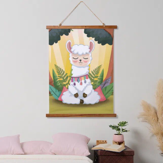 Cute Llama Meditating in Magical Forest Hanging Tapestry