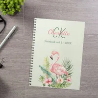 Pink flamingo tropical monogram sage green notebook