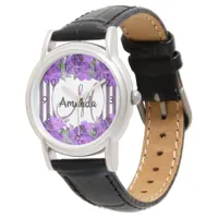 Purple florals glitter stripes monogram name watch