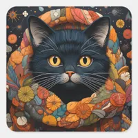 A Black Cat in a Floral Sweater Square Sticker