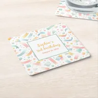 Cute Fun Kids Confetti Colorful Pastel Birthday Square Paper Coaster