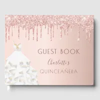 Quinceanera rose gold blush glitter drips dress guest book