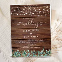 Rustic Wood String Lights Eucalyptus Wedding Invitation Postcard
