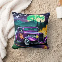 Hot rod races down moonlit mountain road throw pillow