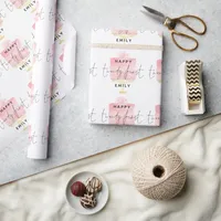 Modern Pink Cake Pattern Name Happy 21st Birthday  Wrapping Paper