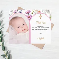 Pink photo arch floral girl Baptism Thank You card