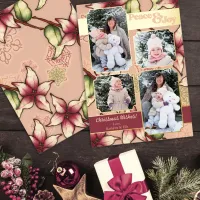 Peace & Joy, Pink, Burgundy, Gold Poinsettia Photo Foil Holiday Card