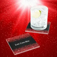 Monogram - White text on black with red glitter | Glass Coaster