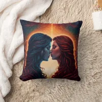 Two Women Embrace in Fiery Background Throw Pillow