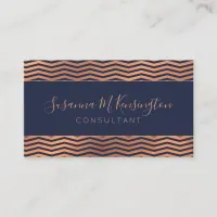 Modern Copper Rose Gold Foil Navy Blue Chevron Business Card