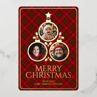 Christmas Tree Modern Tartan Plaids Family 3 Photo Foil Holiday Card