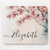 Watercolor Cherry Blossom Floral Girly Script Name Mouse Pad