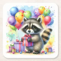 Cute Watercolor Cartoon Raccoon Birthday Square Paper Coaster